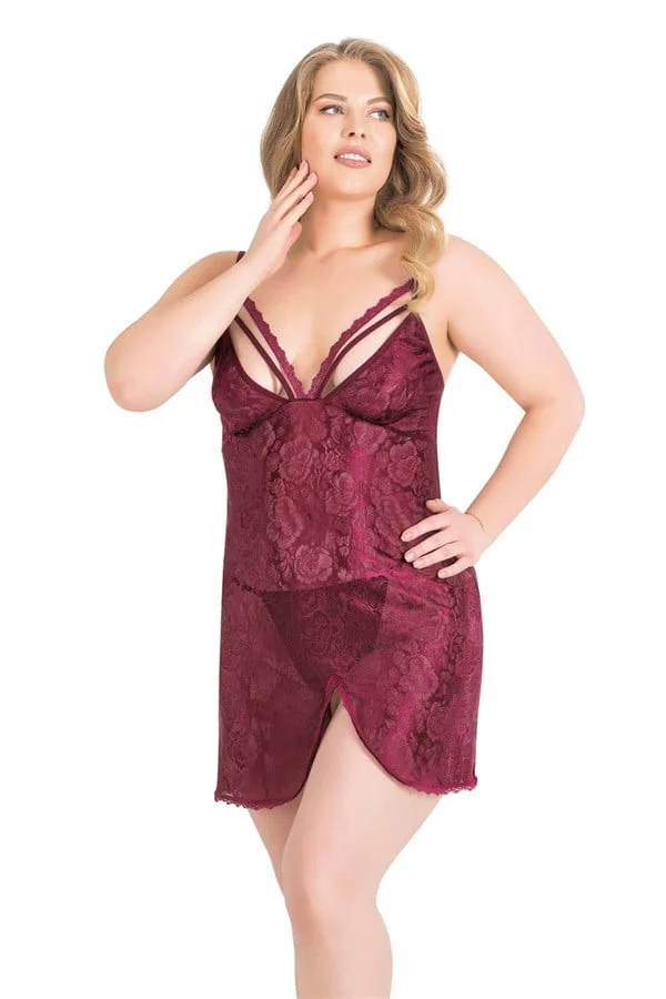 Arias Closet Büyük Beden Bordo Kısa Jakarlı Gecelik