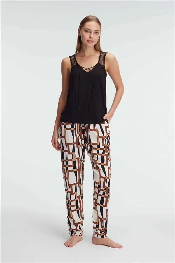 Arias Closet Sıfır Kol V Yaka Viskon Geometrik Yazlık Uzun İp Detaylı Pijama Takımı