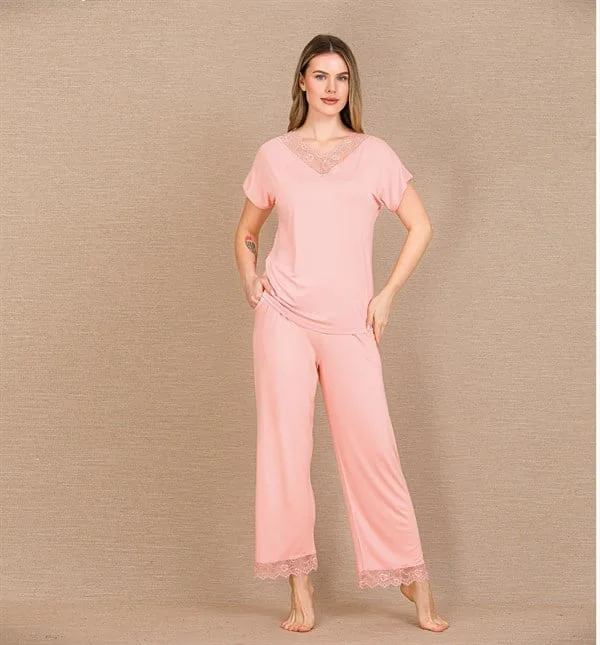 Arias Closet Viskon Şık Tasarım Dantel İşlemeli Açık Pembe Kısa Kol Pijama Takımı