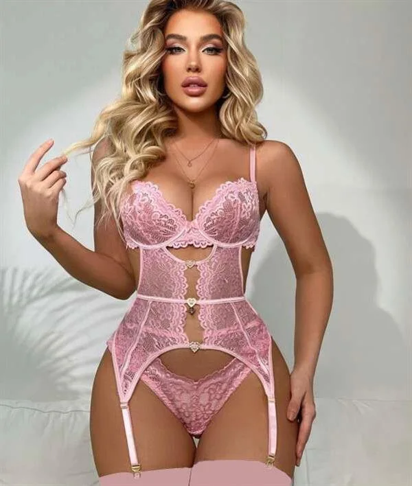 Arias Closet Kalp Aksesuarlı Dantelli Fantezi Pembe Jartiyer Takım