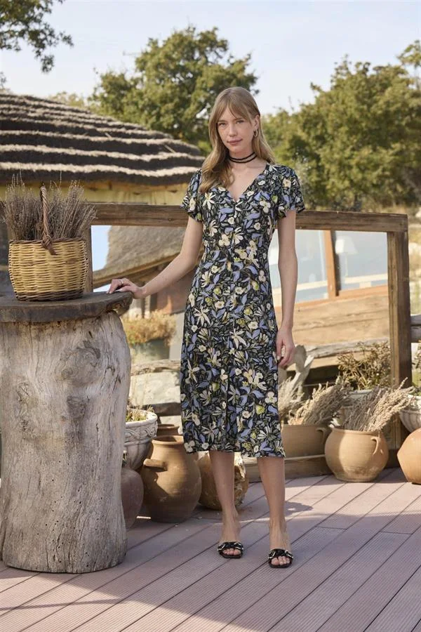 Arias Closet %100 Viskon Çiçek ve Yaprak Desenli Önü Düğmeli Elbise