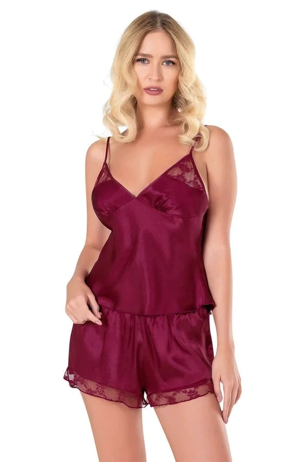 Arias Closet Bordo Saten Babydoll Şort Takımı
