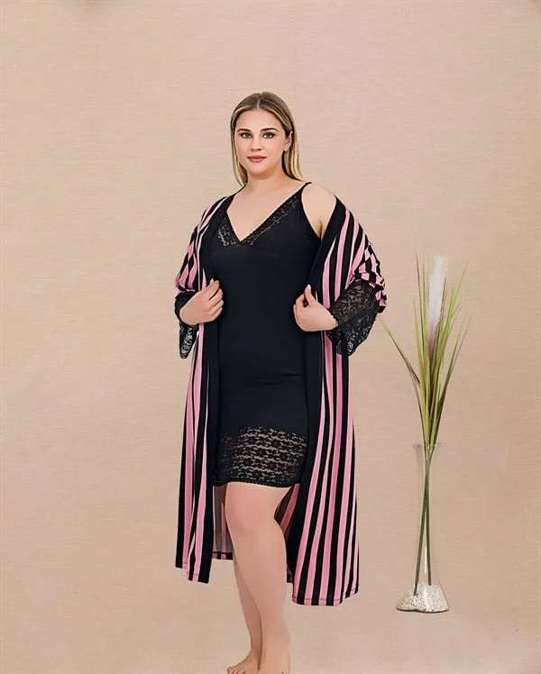 Arias Closet Büyük Beden Çizgi Desenli Dantel İşlemeli 2'li Viskon Siyah Gecelik Sabahlık Takımı
