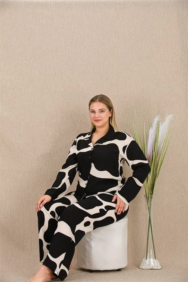 Arias Closet Büyük Beden Siyah Beyaz Desenli Düğmeli Uzun Kol Viskon Pijama Takımı