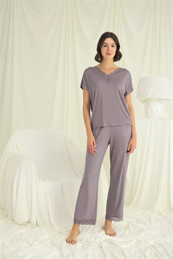 Arias Closet Kısa Kollu V Yakalı Dantelli Pijama Takımı