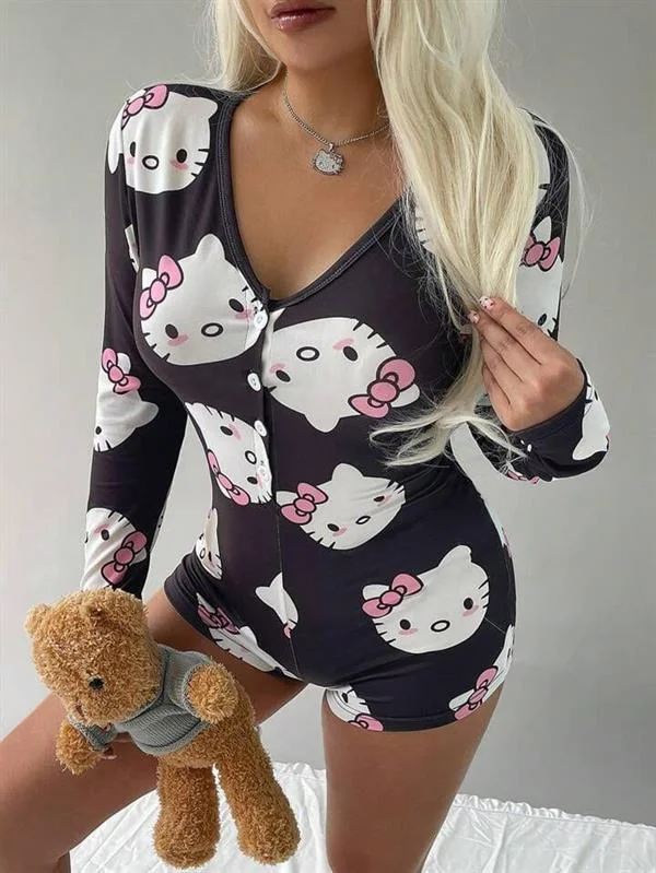 Arias Closet Pamuklu Siyah Hello Kitty Desenli Düğmeli Uzun Kol Tulum Pijama