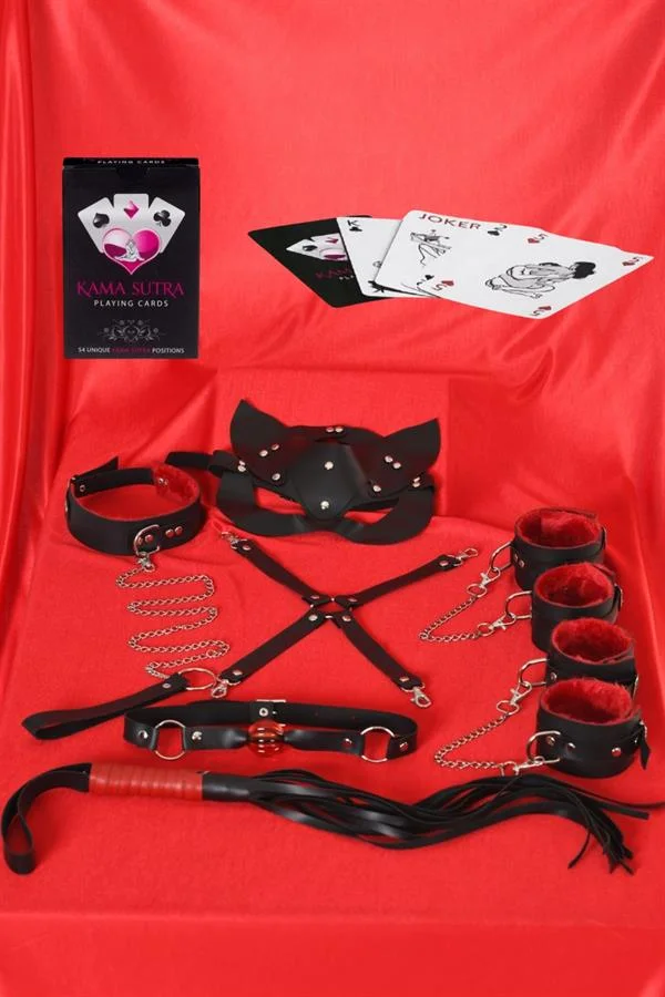 Arias Closet Sexy Görselli Oyun Kartı Kama Sutra 7'li Kırmızı Siyah Harness Set