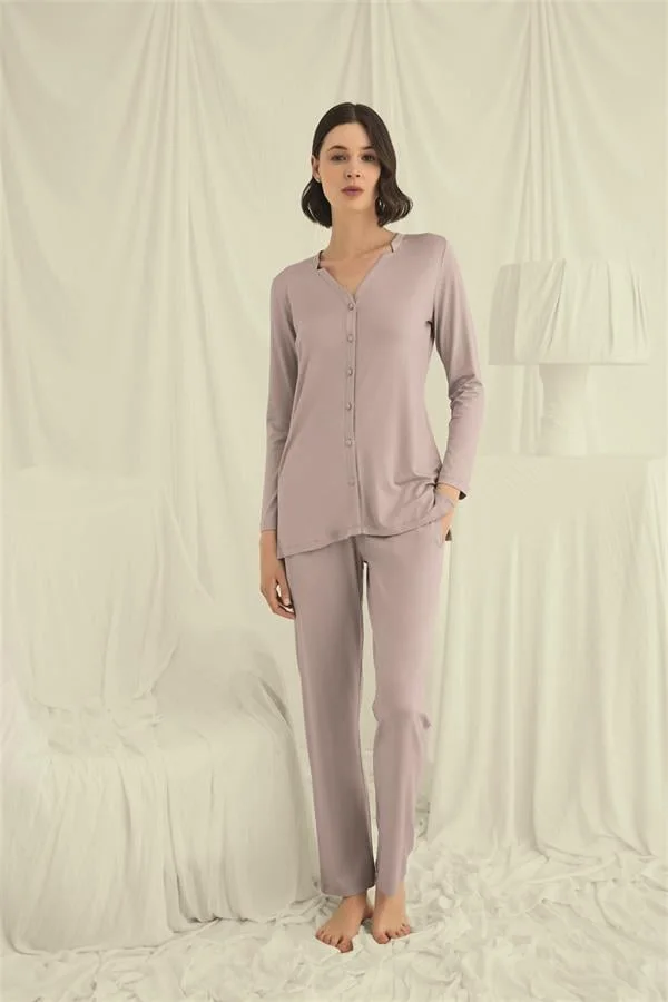 Arias Closet Uzun Kollu Boydan Düğmeli V Yaka Pijama Takımı