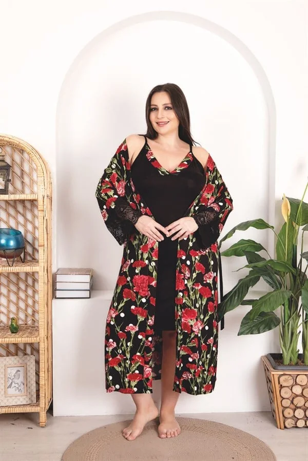 Arias Closet Büyük Beden Kırmızı Çiçek Desenli Dantel İşlemeli 2'li Viskon Siyah Gecelik Sabahlık Takımı
