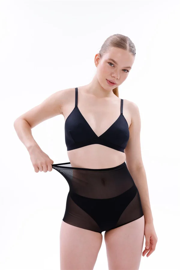 Siyah Lazer Kesim Tül Toparlayıcı Slip Hayalet Külot Korse