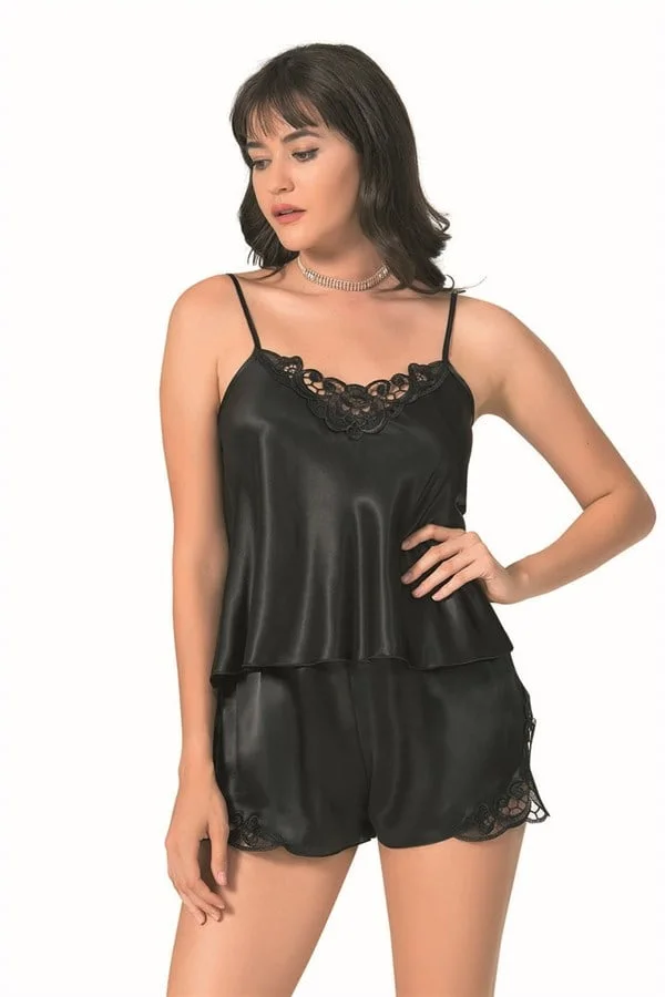 Şık Tasarım Yumuşak Dokulu Dantel İşlemeli Siyah Saten Babydoll Şort Takımı
