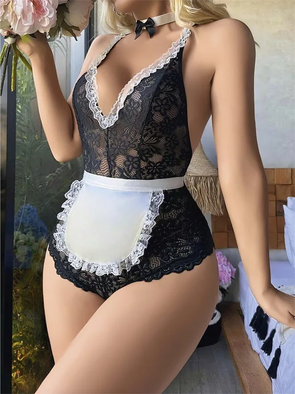Arias Closet Siyah Dantel İşlemeli Kurdelalı Fransız Hizmetçi Kostümü