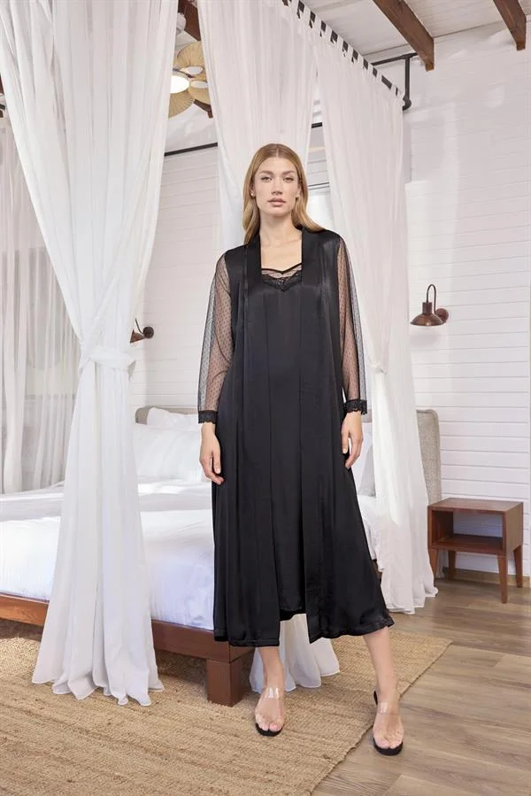 Arias Closet Dantelli Tüllü ve Dekolteli Saten Sabahlık Takımı